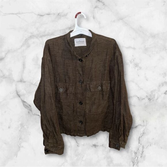 Velvet By Graham & Spencer 100% Linen Cropped Button Up Shacket Small - Picture 1 of 4